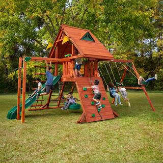 Gorilla Playsets Sun Palace II Wooden Outdoor Playset with Monkey Bars, Wave Slide, Rock Wall, and Backyard Swing Set Accessories | The Home Depot