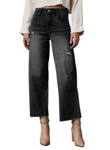 Allimy Women's High Waisted Straight Ankle Wide Leg Ripped Jeans Frayed Hem Stretchy Cropped Capri Denim Pants Black Size 12 | Amazon (US)