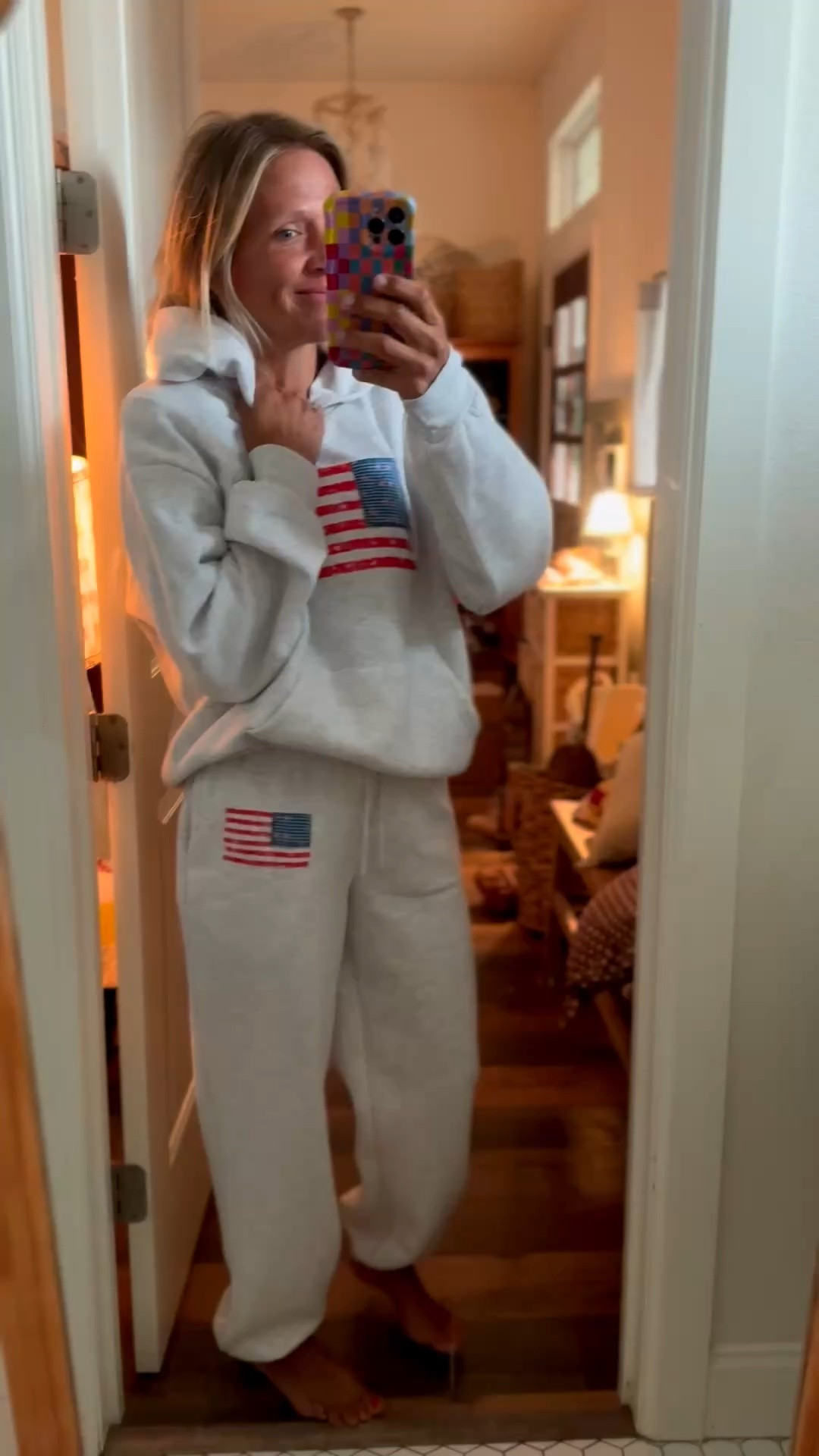The coziest patriotic sweats ever!! And- they’re under $19! 
I’m wearing a large top and medium bottom. I normally wear a medium and am 5’7.