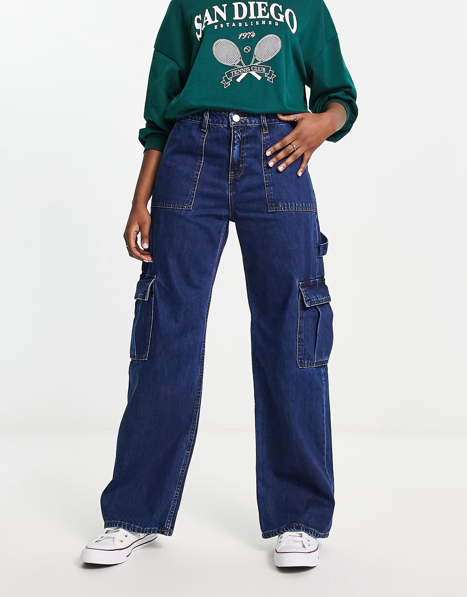 Monki wide leg cargo jeans in blue | ASOS (Global)