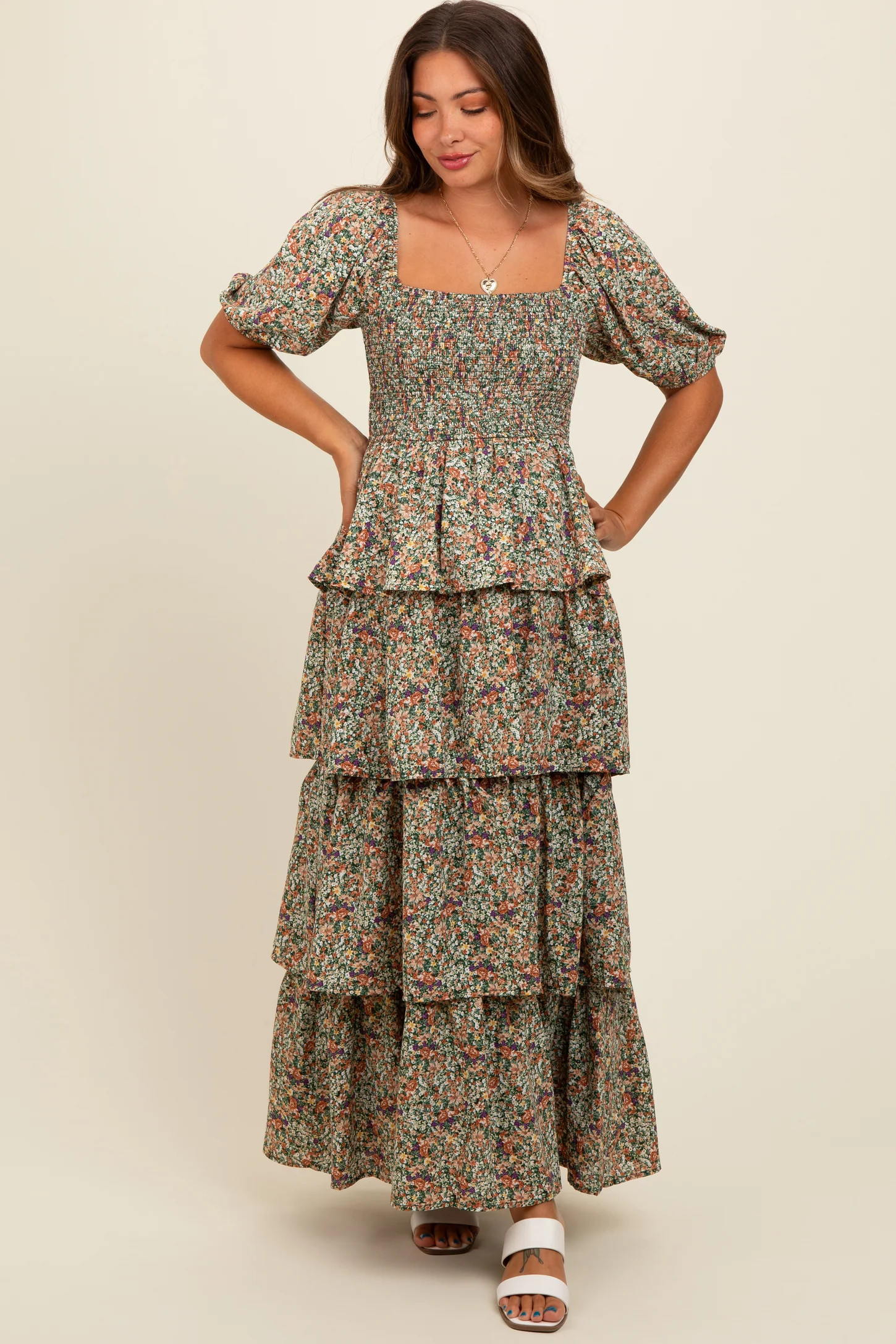 Green Floral Print Ruffle Tiered Maternity Midi Dress | PinkBlush Maternity