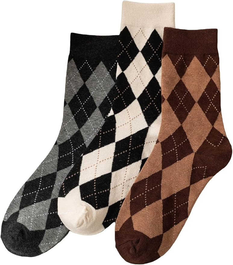 OYOANGLE Women's 3 Pairs Pack Fun Plaid Pattern Funny Crew Socks | Amazon (US)