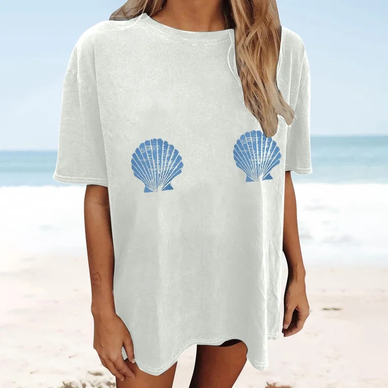 Bibifish Womens T-Shirts Cute Shell Printed Pattern Comfortable Drop Shoulder Short Sleeve Summer... | Walmart (US)