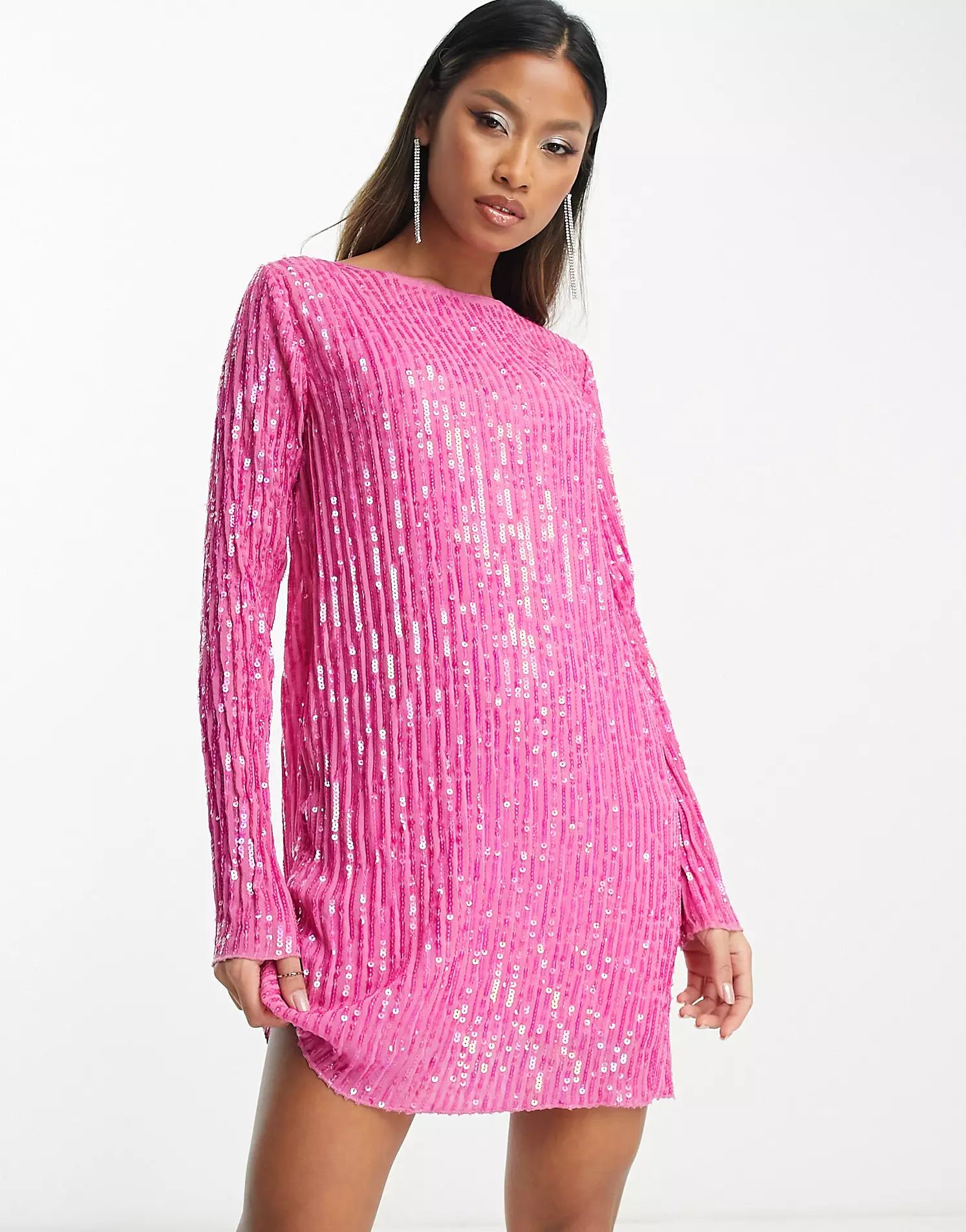 ASOS DESIGN long sleeve shift mini dress in plisse sequin in pink | ASOS (Global)