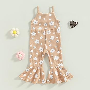 Xiaodriceee Girls Floral Jumpsuit Sleeveless Spaghetti Strap Waffle Romper Jumpsuits Summer Flare Pants Overalls for Toddler | Amazon (US)