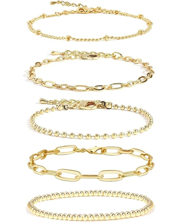 Gold Chain Bracelet For Women,14K Real Gold Link Dainty Bracelets Stake Adjustable Layered Bracel... | Amazon (US)