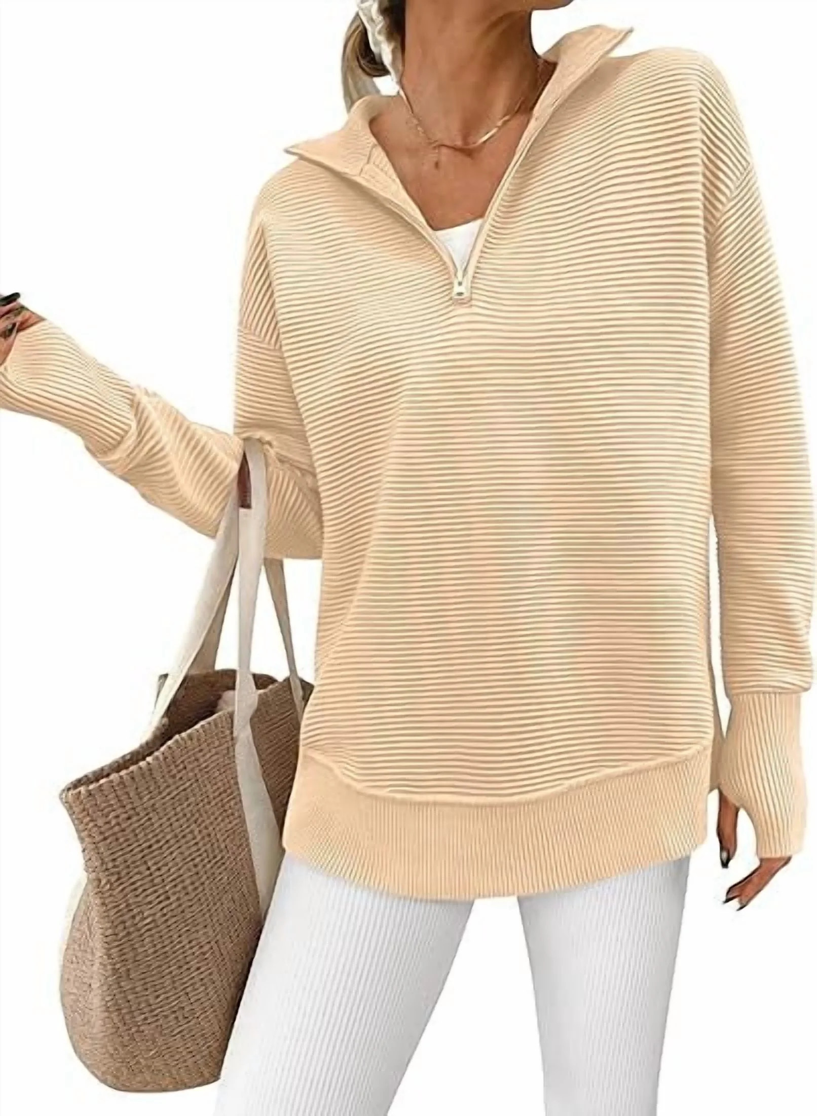 PRETTYGARDEN Womens Long Sleeve Quarter Zip Pullover Sweater Casual Loose V Neck Collared Ribbed ... | Walmart (US)