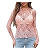 Avidlove Women's Mesh Top Long Sleeve Mock Neck Sheer Blouse See Through Floral Lace Tops | Amazon (US)