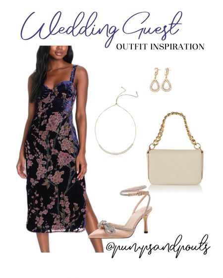 Wedding guest dress and outfit idea. Navy blue floral dress from Lulus, satin pumps and chain shoulder bag from Amazon, and jewelry from Ettika. Dress perfect for any cocktail attire party you attend.

#LTKparties #LTKstyletip #LTKwedding
