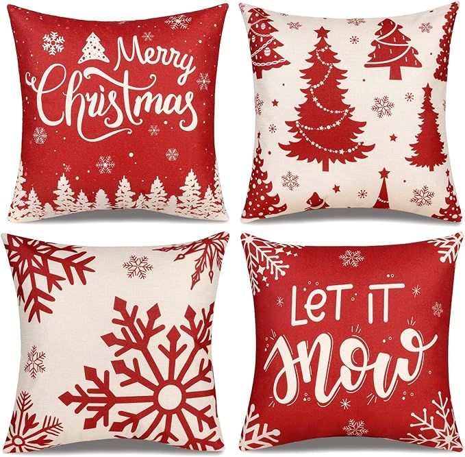 ButyHome Christmas Pillow Covers 18x18 Set of 4 Red Throw Pillowcase Christmas Decorations Snowfl... | Amazon (US)