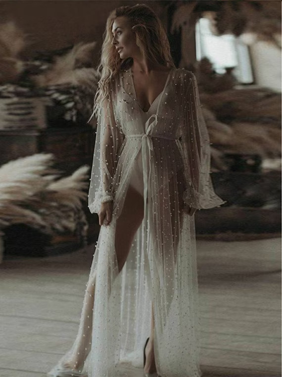 Ivory pearl beaded bridal robe / Wedding robes for bride / Long bride robe / bridal robe / weddin... | Etsy (US)