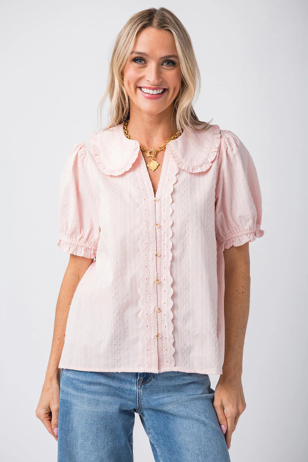 Gigio Short Puff Sleeve Blouse with Peter Pan Collar | Social Threads