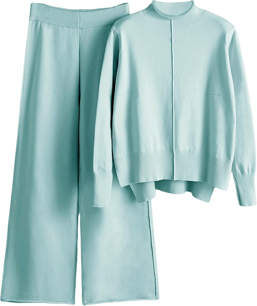 Women's 2 Piece Outfits Sweatsuit Mock Neck Pullover Top Wide Leg Pants Tracksuit Lounge Sets | Amazon (US)