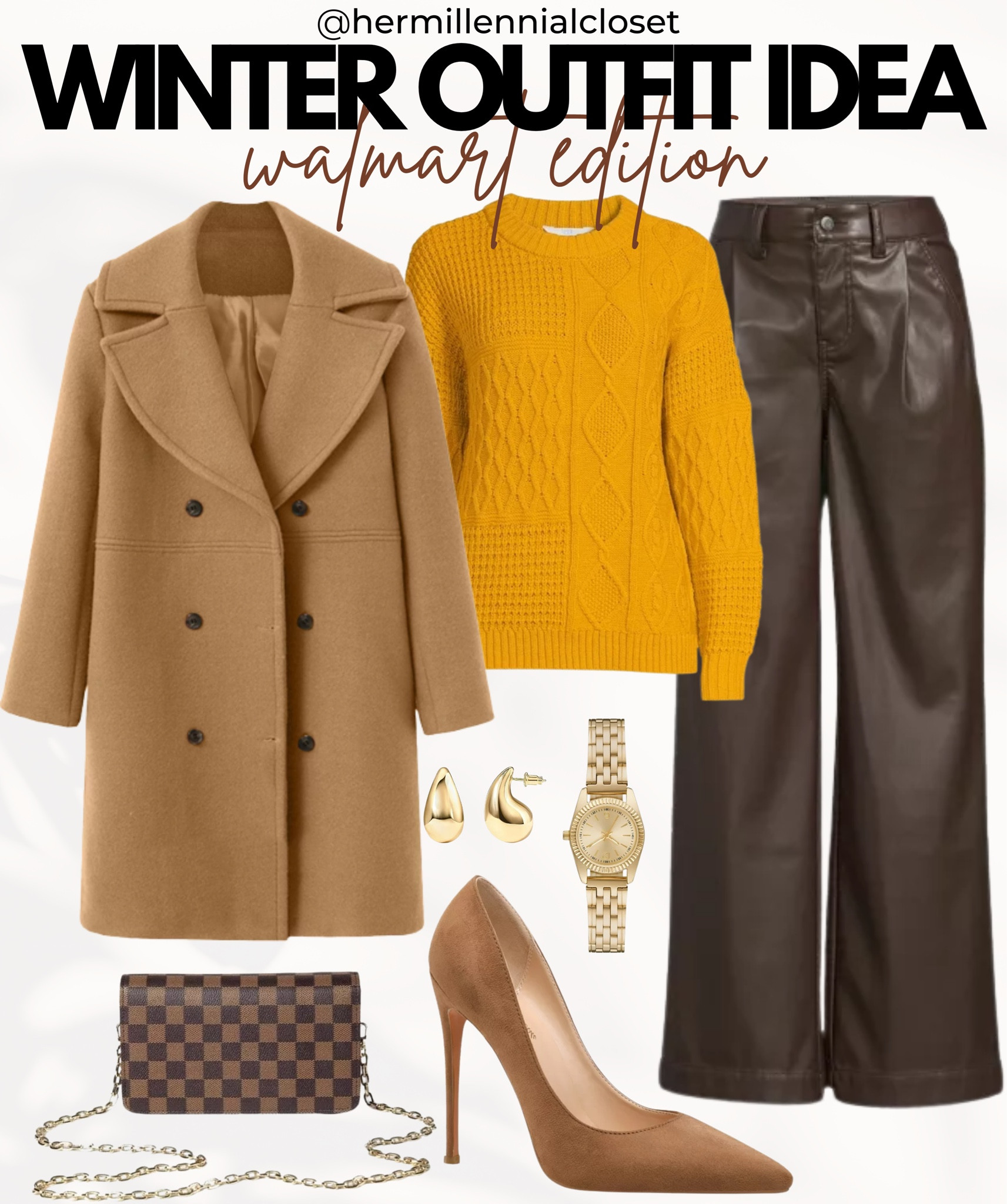 Walmart Winter Fashion Outfit -  Brown and Yellow Shades For an Elegant Look - Light Brown Coat and Pumps, Bright Yellow/ Mustard Sweater, Dark Brown Faux Leather Pants, Brown checkered bag and Gold Jewelry.    