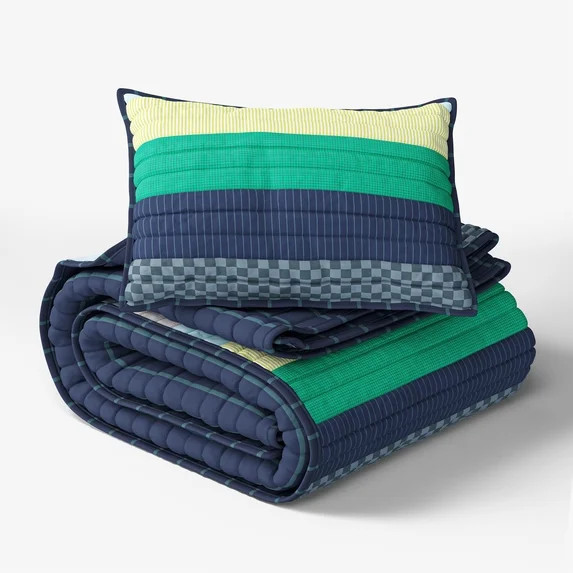 Mainstays Kids Reversible Green Stripe Stitch Quilt Set, Twin, 2 Pieces | Walmart (US)