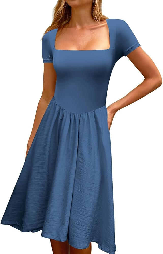 CHYRII Square Neck A-Line Midi Dress Long Sundress | Amazon (US)