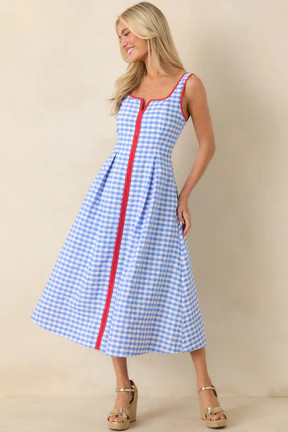 Pack the Film & Sunscreen Blue Gingham Contrast Trim Midi Dress | Red Dress