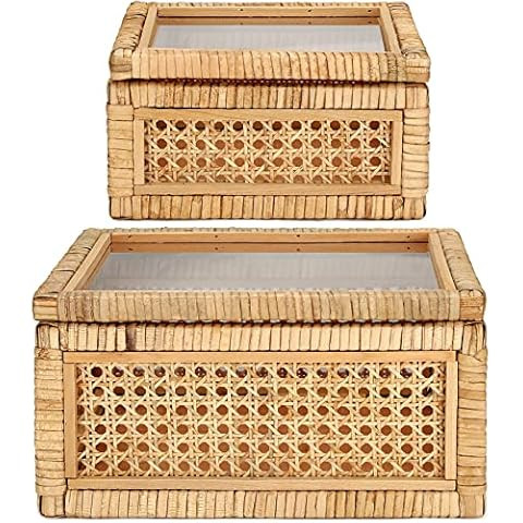 Creative Co-Op Woven Rattan Display Boxes with Glass Lids & Fir Wood Frame (Set of 2 Sizes) | Amazon (US)