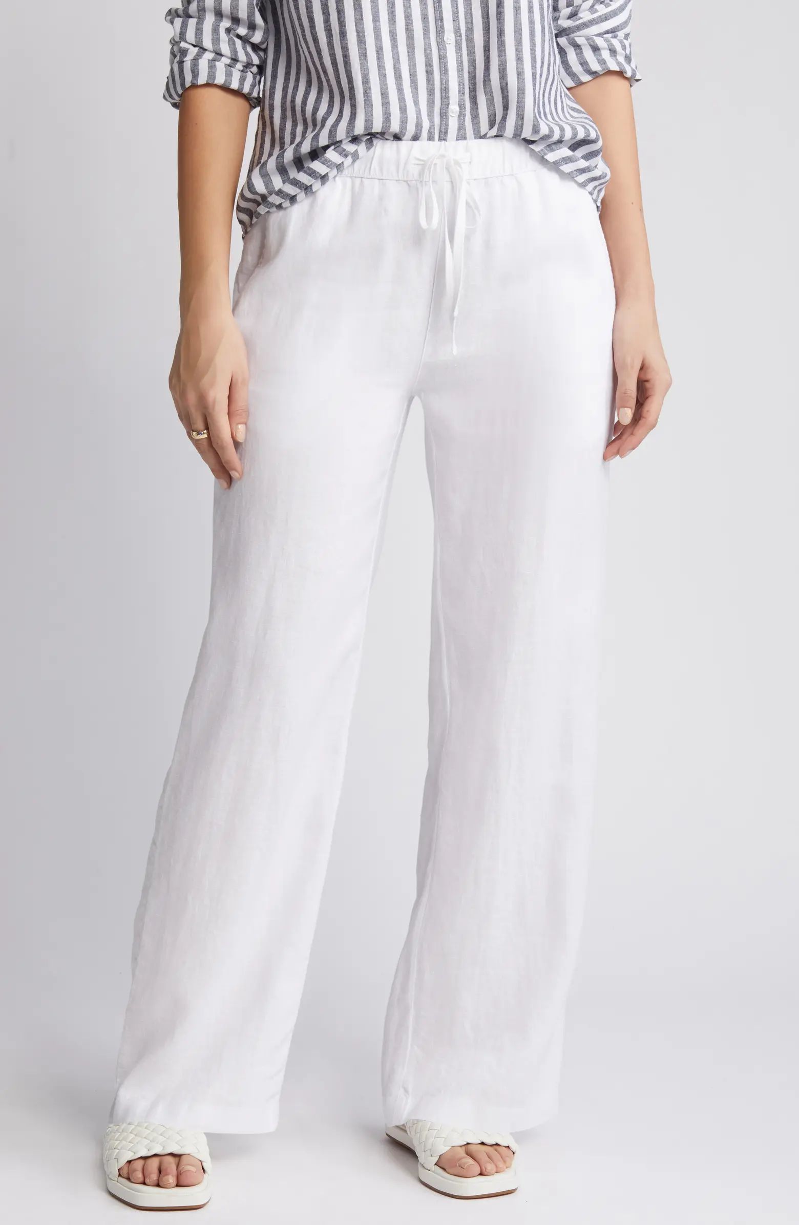 White Linen Low-Rise Straight Leg Drawstring Pants main image 0