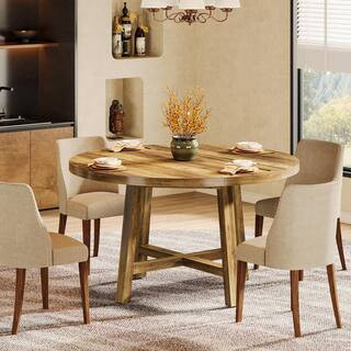Roesler Brown Wood Dining Table, 4 Legs Round Dining Table, Rustic Small Kitchen Dining Table for... | The Home Depot