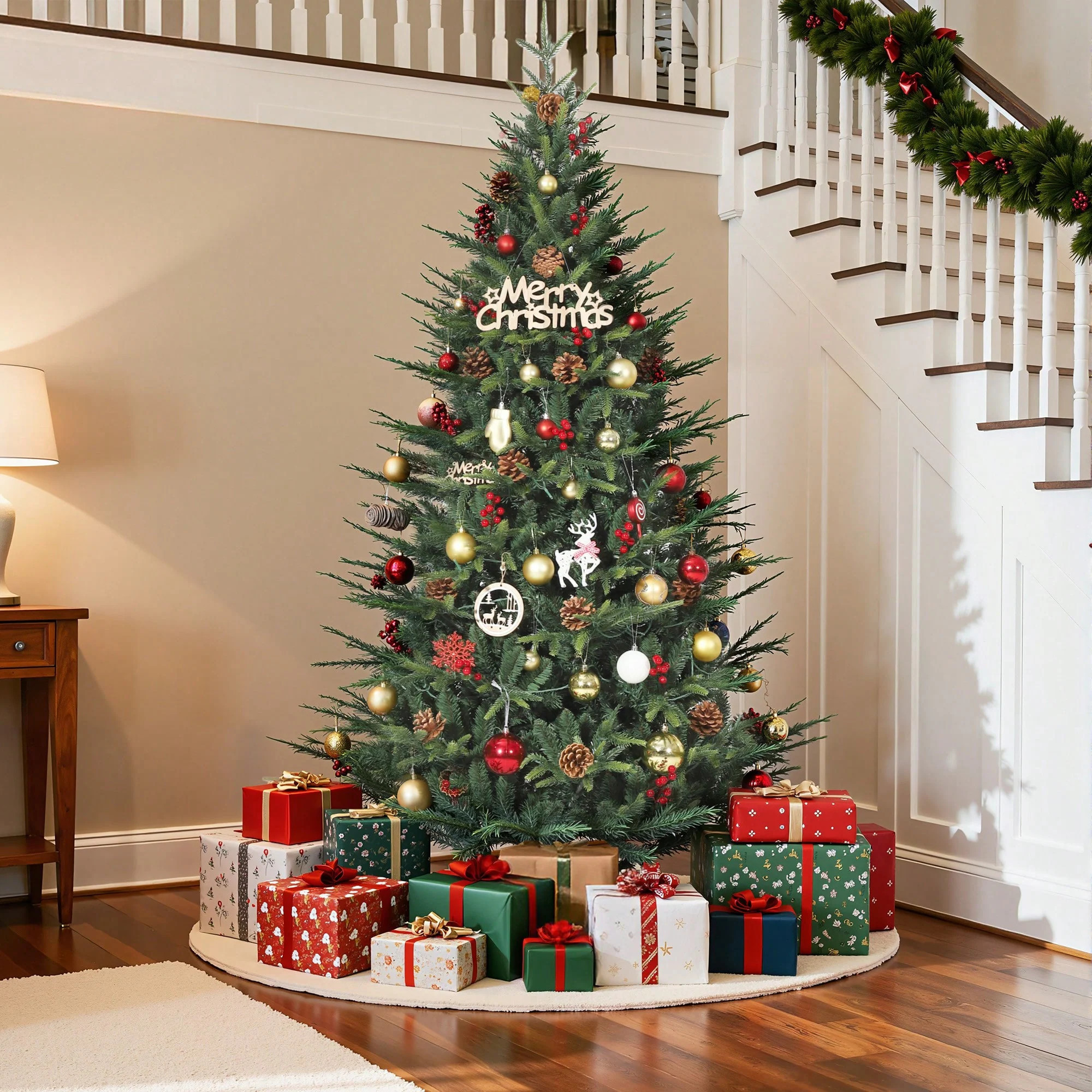 Garvee 6 Ft Prelit Artificial Christmas Tree with 250 Warm White LED Lights Faux Christmas Tree with 976 PE and PVC Mixed Branch Tips Metal Stand for | Lowe's