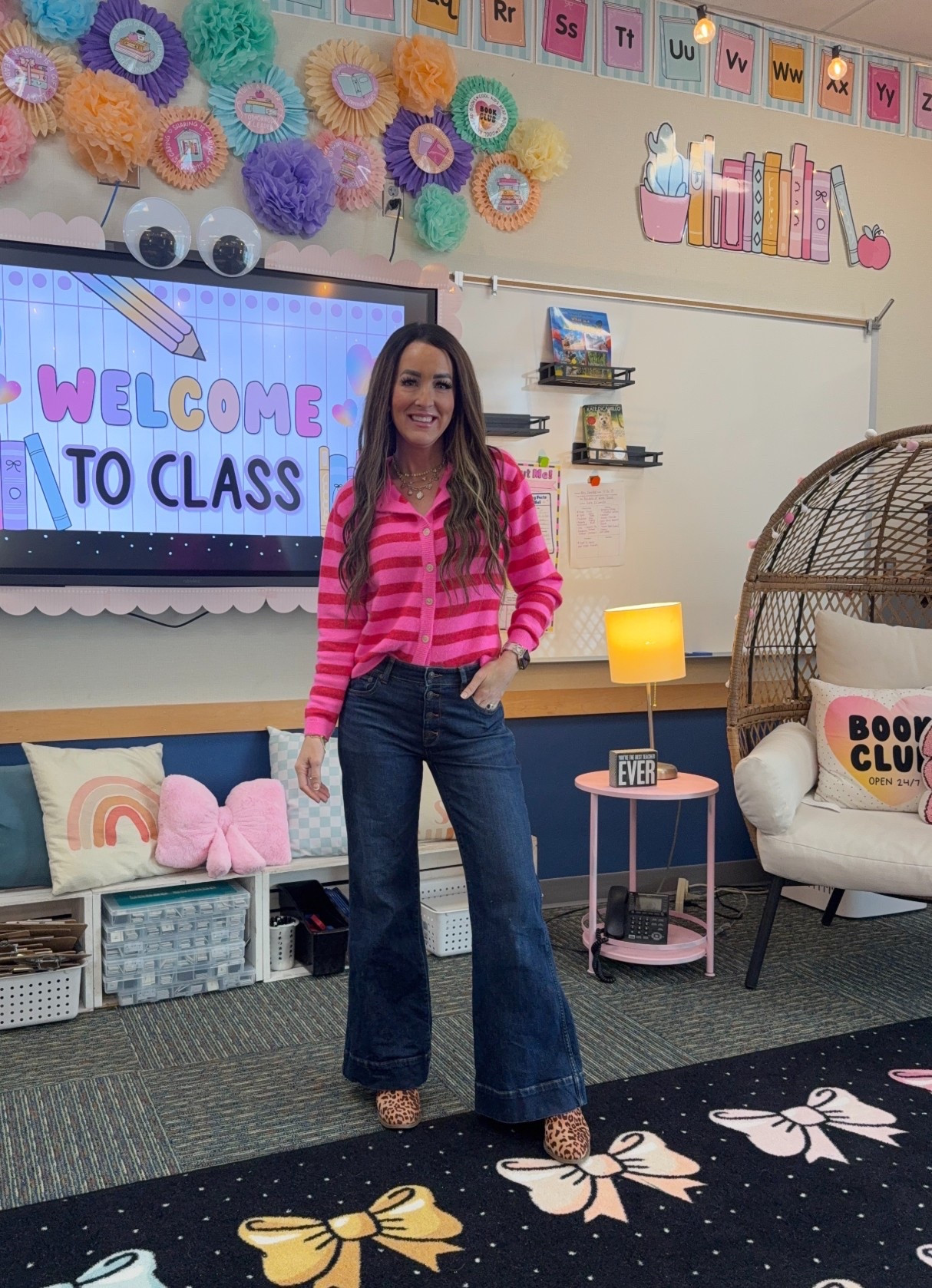 Today’s teacher OOTD 🤍 pink striped cardigan, teacher outfit, classroom style, wide leg jeans, high waisted denim, comfy teacher jeans, leopard print flats, teacher fashion, elementary teacher outfit, casual school outfit, cute teacher clothes, back to school teacher style, everyday teacher look, classroom outfit inspo,target style, Valentines outfit

#LTKootd #LTKOver40 #LTKFindsUnder50
