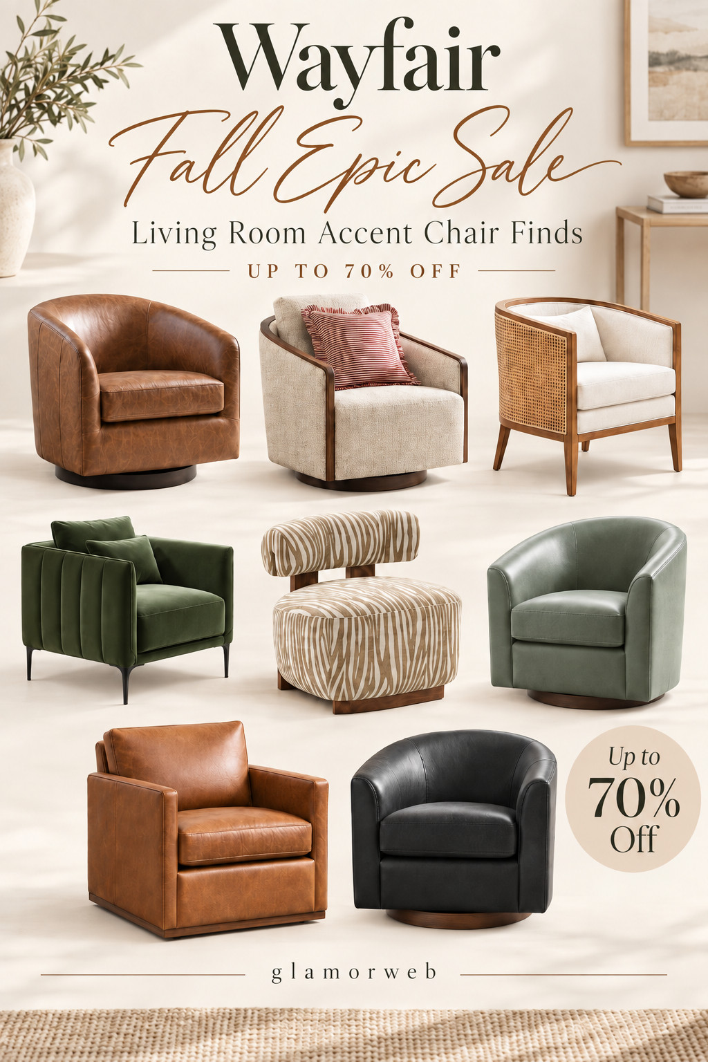 Wayfair’s Fall Epic Sale is seriously so good right now 🍂🤎 I found so many pretty living room accent chairs for up to 70% off, from cozy leather swivels and warm neutral styles to cane details and statement prints. Such an easy way to make your living room feel more elevated, cozy, and ready for fall without doing a full makeover. Definitely saving a few of these before the good ones are gone! ✨

#Wayfair #WayfairFinds #WayfairSale #FallEpicSale #AccentChairFinds #AccentChair #LivingRoomDecor #LivingRoomInspo #FallHomeDecor #FallLivingRoom #CozyHome #HomeDecorFinds #FurnitureFinds #SwivelChair #LeatherChair #NeutralHome #HomeRefresh #FallDecorIdeas #LTKHome #LTKFinds 

 #LTKSeasonal #LTKHome #LTKSaleAlert