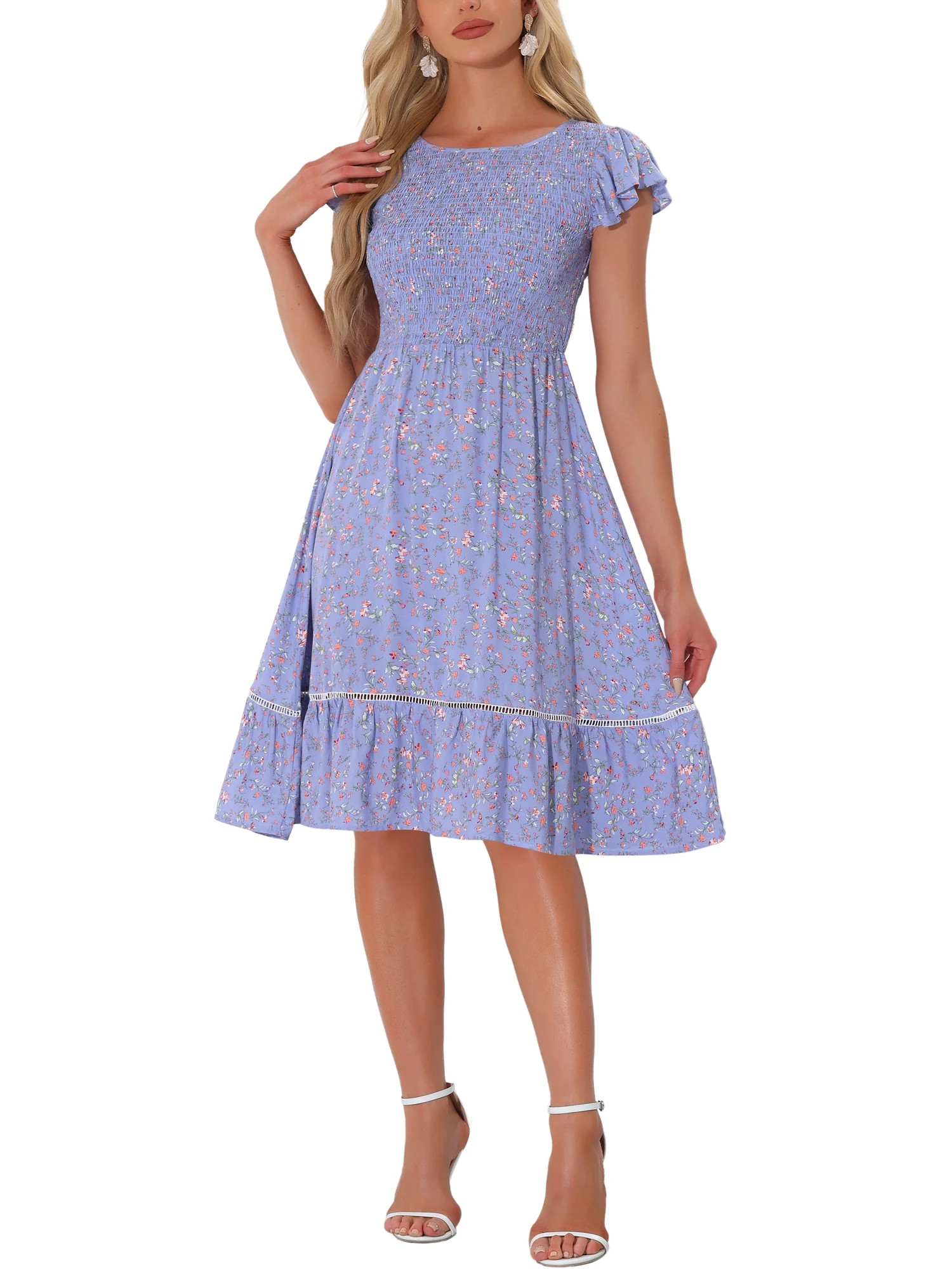 Allegra K Women's Summer Sundresses Floral Smocked Fit and Flare Midi Dress - Walmart.com | Walmart (US)