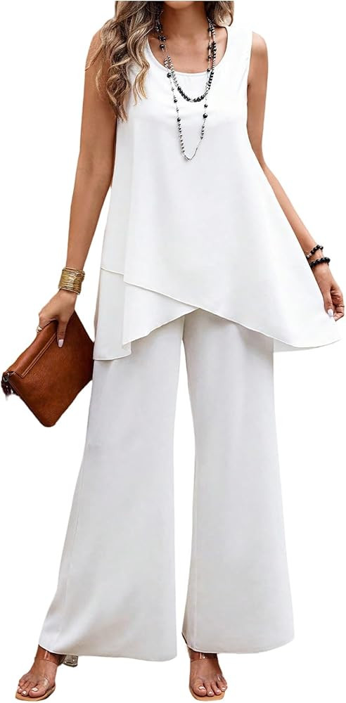 SweatyRocks Women's Two Piece Matching Sets Asymmetrical Flowy Tank Tops Wide Leg Pants Summer Ou... | Amazon (US)