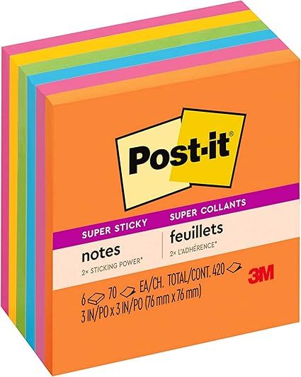 Post-it Super Sticky Notes, 3x3 in, 6 Pads, 2x the Sticking Power, Rio de Janerio Collection, Bri... | Amazon (US)