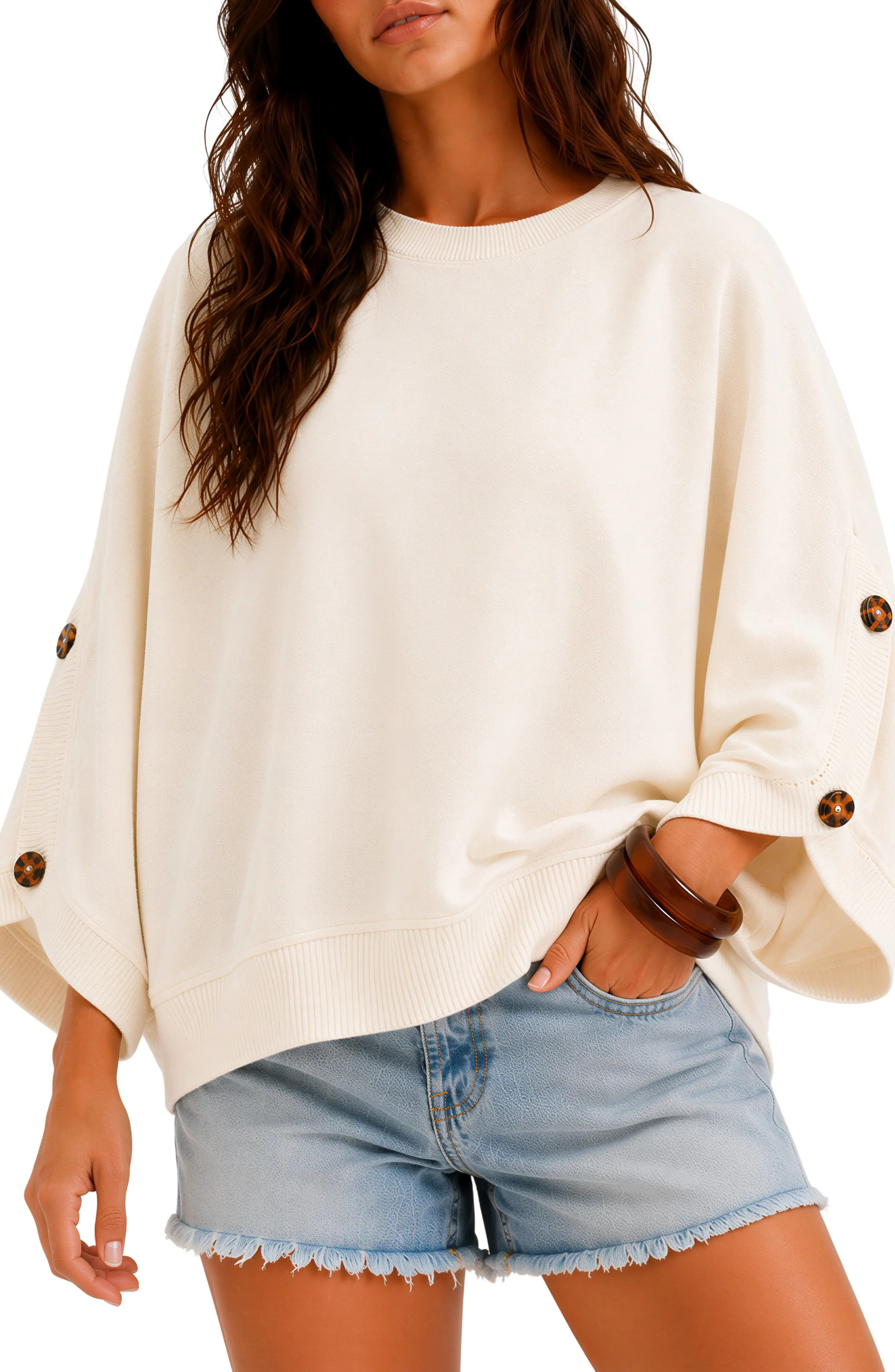 BLUEGREY Geo Button Sleeve Cotton Sweater in Ivory at Nordstrom Rack, Size Large | Nordstrom Rack