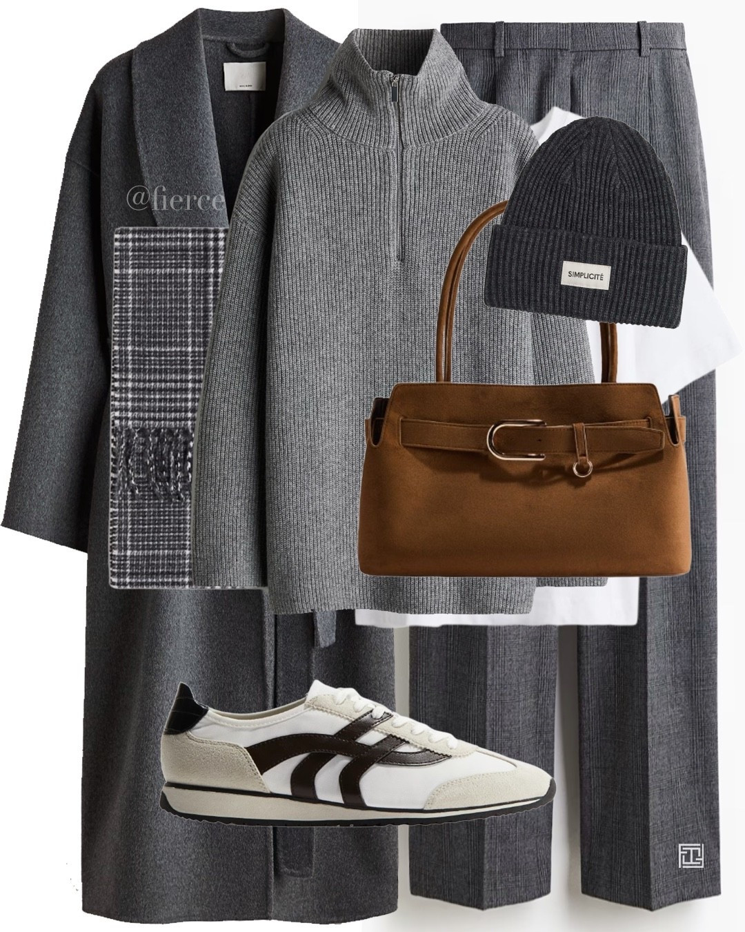 Grey belted wool coat grey checked trousers grey beanie hat white and dark brown vintage look sneakers tan brown bag checked grey scarf grey zipped jumper casual chic outfit weekend look city break 

#LTKuk #LTKwinter #LTKeurope