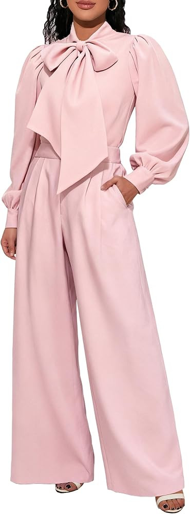 VERWIN Long Sleeve Plain Dressy Romper Elastic Waist Full Length Bowknot Women's Jumpsuit with Po... | Amazon (US)
