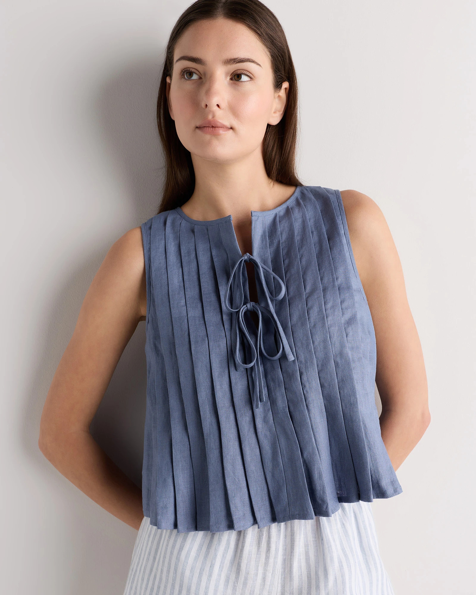 100% European Linen Pleated Tank in Moonstone Blue | Quince