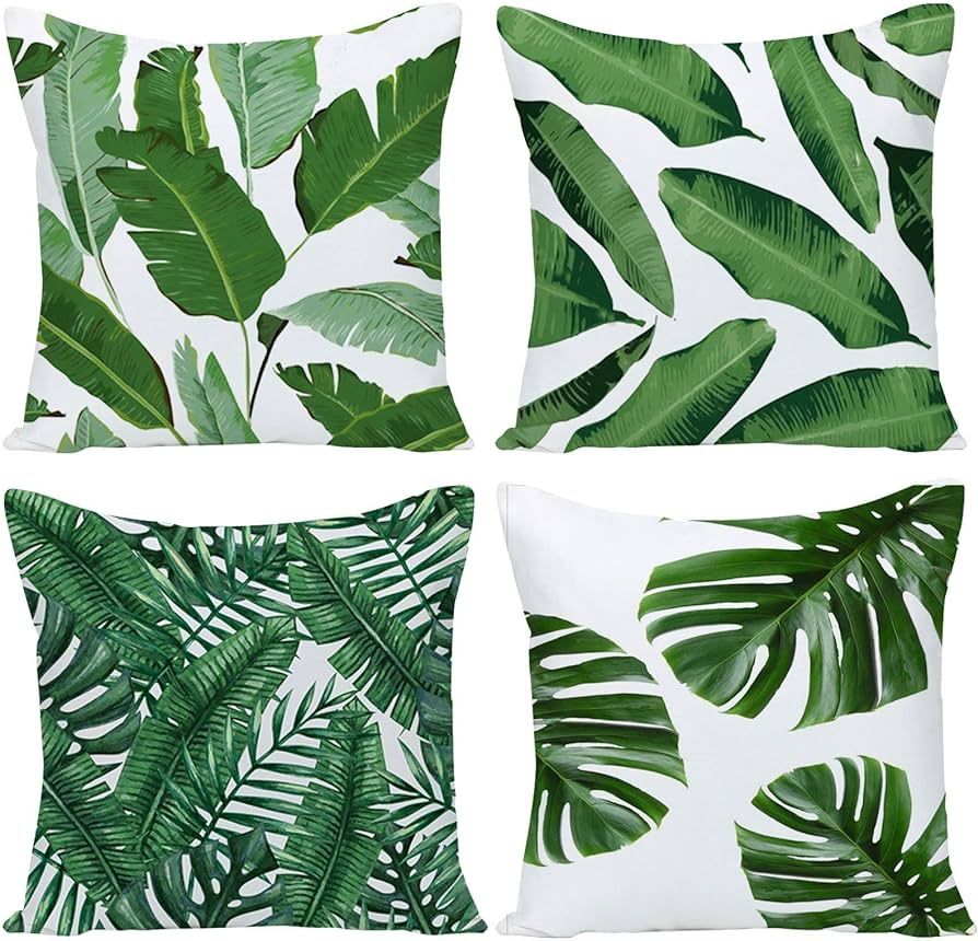 Pack of 4 Green Tropical Leaves Throw Pillow Cover Summer Palm Tree Leaf Outdoor Decorative Linen... | Amazon (US)