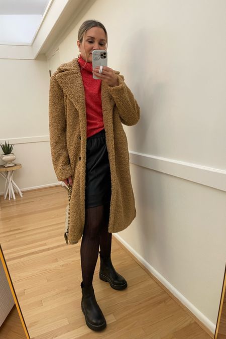 Casual skirt ootd! Faux leather mini skirt with cozy red turtleneck sweater, pattern tights, and black Chelsea lug sole boots. Wearing xs in all clothing 

Loft, winter outfit, Sherpa coat, camel coat, long coat, faux fur coat, casual dress, office outfit, winter sale, thanksgiving I, holiday outfit, workwear 



#LTKsalealert #LTKHoliday #LTKunder50