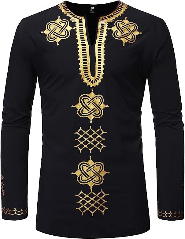 LucMatton Men's African Traditional Long Sleeve Dashiki Luxury Metallic Gold Printed Shirt Black ... | Amazon (US)