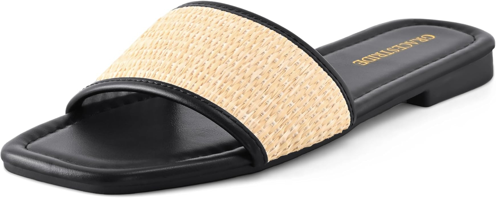 Women's Slides Flat Sandals Raffia Square Toe Comfortable Summer Beach Dressy Shoes | Amazon (US)