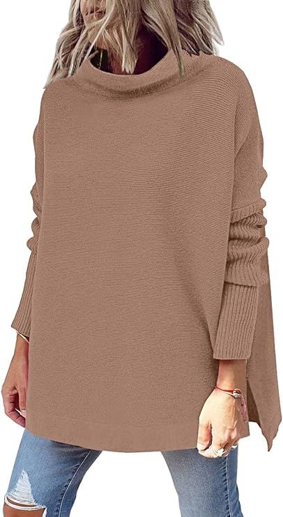 LILLUSORY Women's Mock Turtleneck Sweater Long Batwing Sleeve Split Hem Casual Oversized Knit Pul... | Amazon (US)