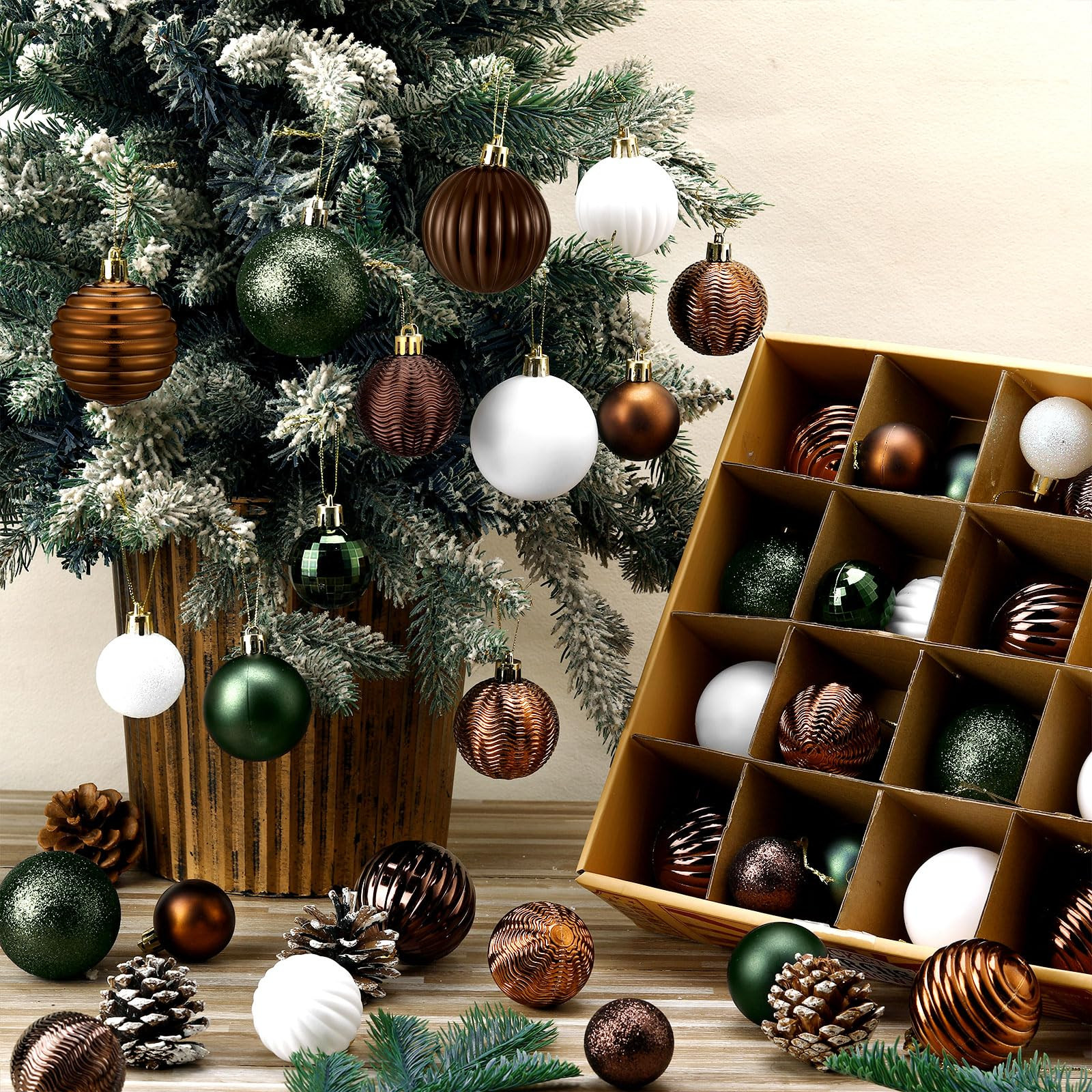 64 Pcs Neutral Christmas Ball Ornaments Brown Green White Xmas Bulbs Ornament 1.6/1.97/2.4 Inch Vintage Xmas Baubles Assorted Size Modern Christmas Decoration for Tree Holiday Indoor Home Decor | Amazon (US)