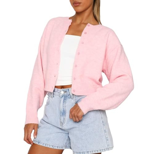 RUEWEY Women Y2k Crew Neck Button Down Long Sleeve Cropped Cardigan Knitted Sweater Light Jacket | Amazon (US)