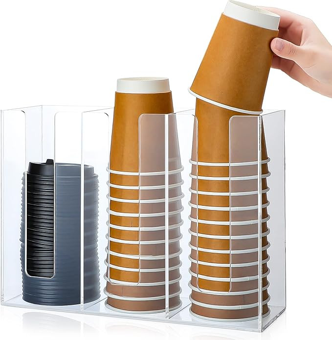 Cunhill 3 Compartments Acrylic Coffee Cup and Lid Dispenser Organizer Disposable Paper Cup Holder... | Amazon (US)