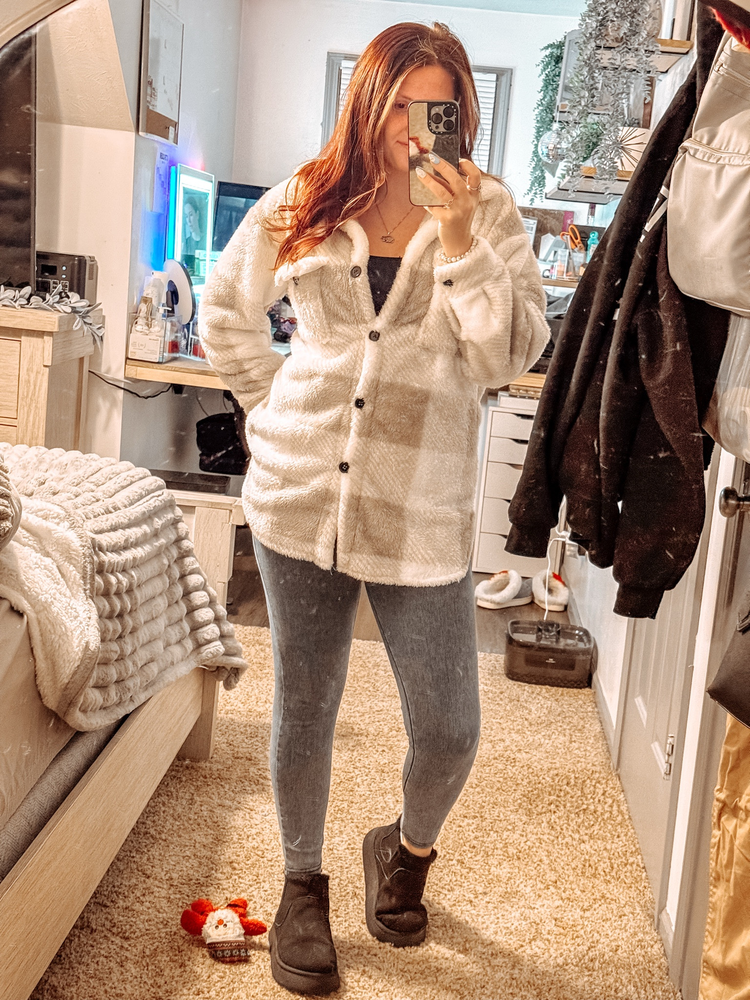 This fleece plaid is my favorite piece🩵 I got it a size up so I could wear it by itself or with a hoodie underneath❄️🩵 

The boots are in my showcase on tiktok @tayyynicole_ I am trying to find a dupe though 

Also Halara leggings are on a sale 2 for $49🤭 