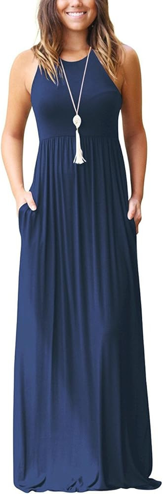 Women's Sleeveless Racerback Loose Plain Maxi Dresses Casual Long Dresses with Pockets | Amazon (US)