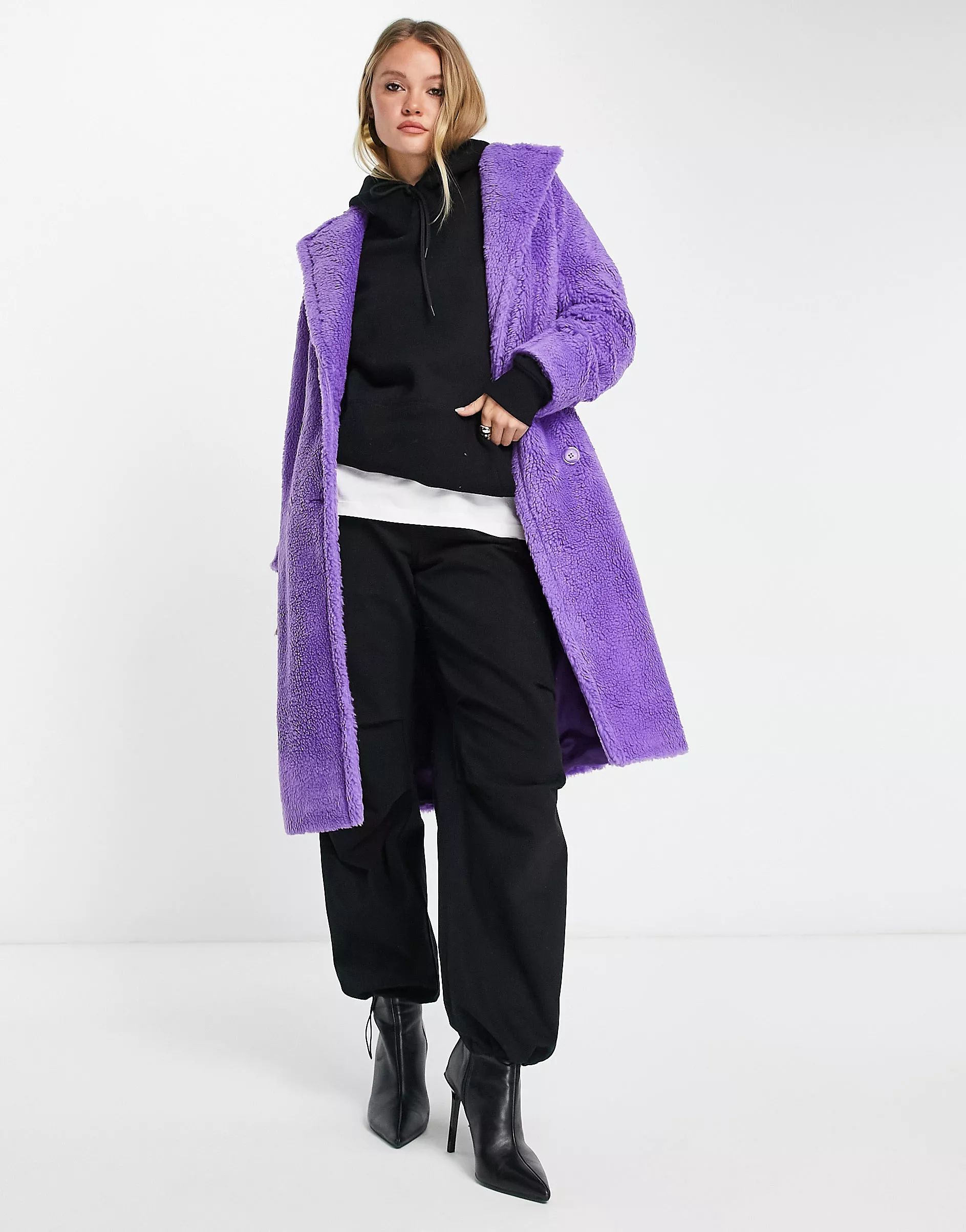 Helene Berman double breasted teddy coat in purple | ASOS (Global)