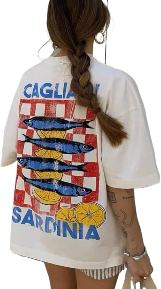 Cute Strawberry Beach Shirts Oversized Graphic Tees Women Short Sleeve Y2k Summer Tops 2000s Aest... | Amazon (US)