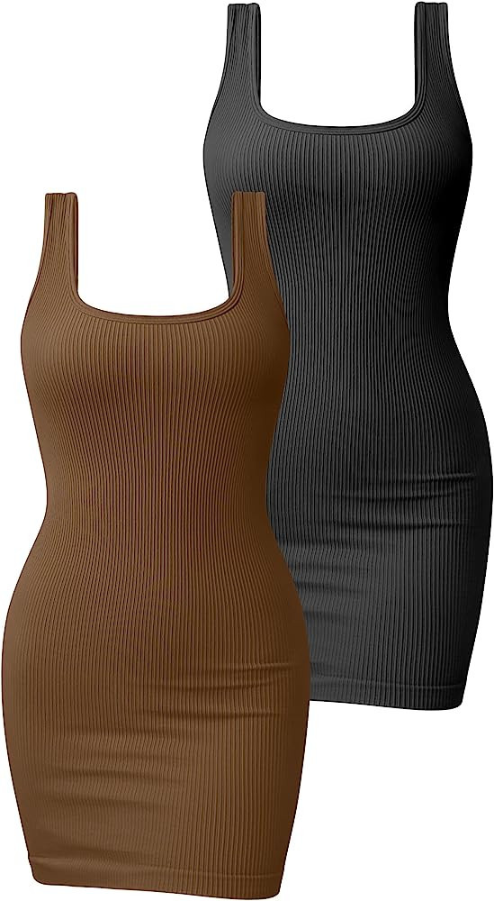 OQQ Women's 2 Piece Dresses Ribbed Sleeveless Square Neck Tank Tops Mini Dress | Amazon (US)
