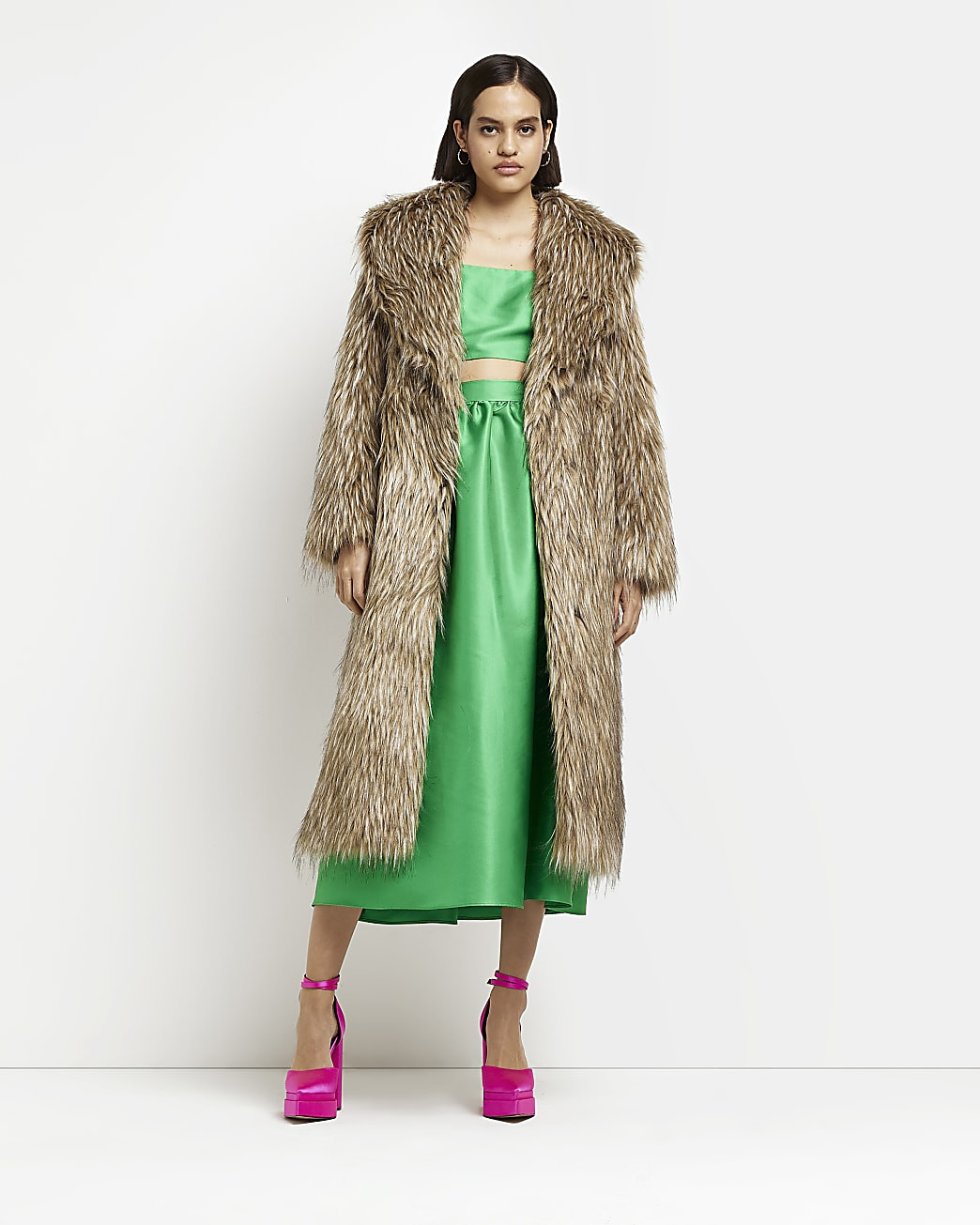 Brown faux fur longline coat | River Island (US)