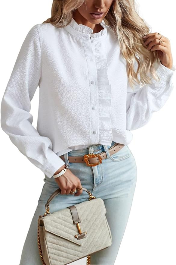 ELFTOWN Women's Ruffle Trim Button Up Long Sleeve Blouse Top Cotton Stand Collar Elegant Work Shi... | Amazon (US)