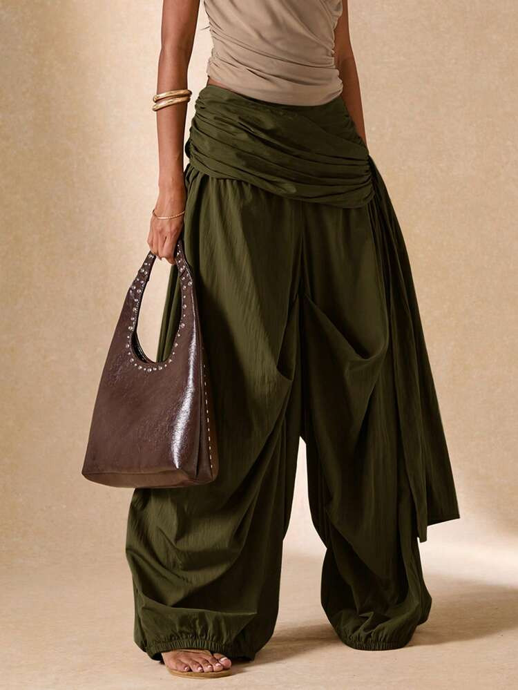 SHEIN BAE Women's Olive Green Pleated Waist Wide Leg Loose Casual Boho Pants Holiday Vacation Sum... | SHEIN